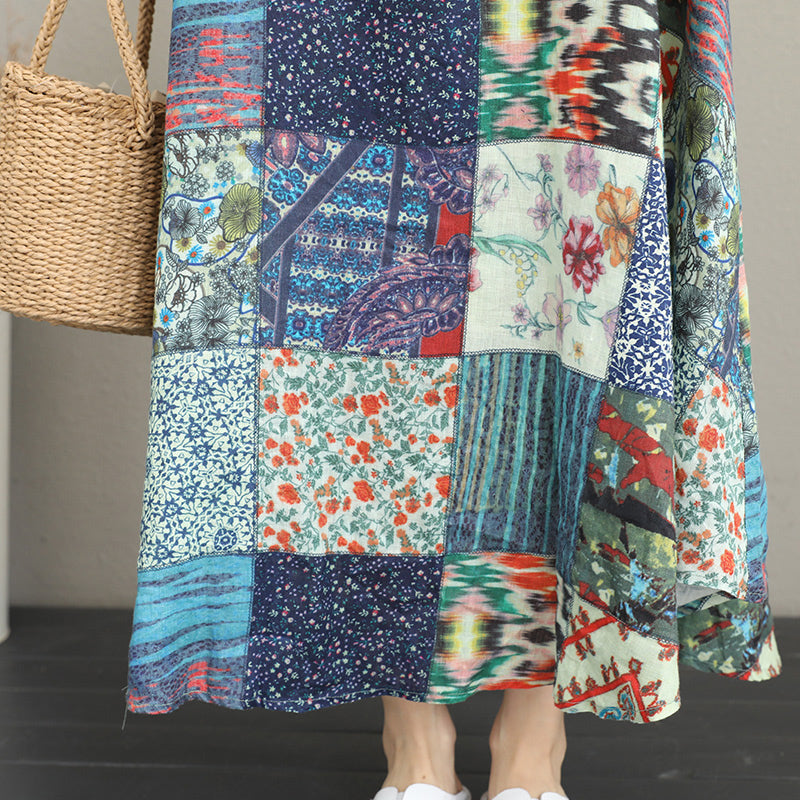 Baggy Patchwork Prints Linen Dresses Loose Fitting Sleeveless Traveling Clothing Big Hem Linen Caftans