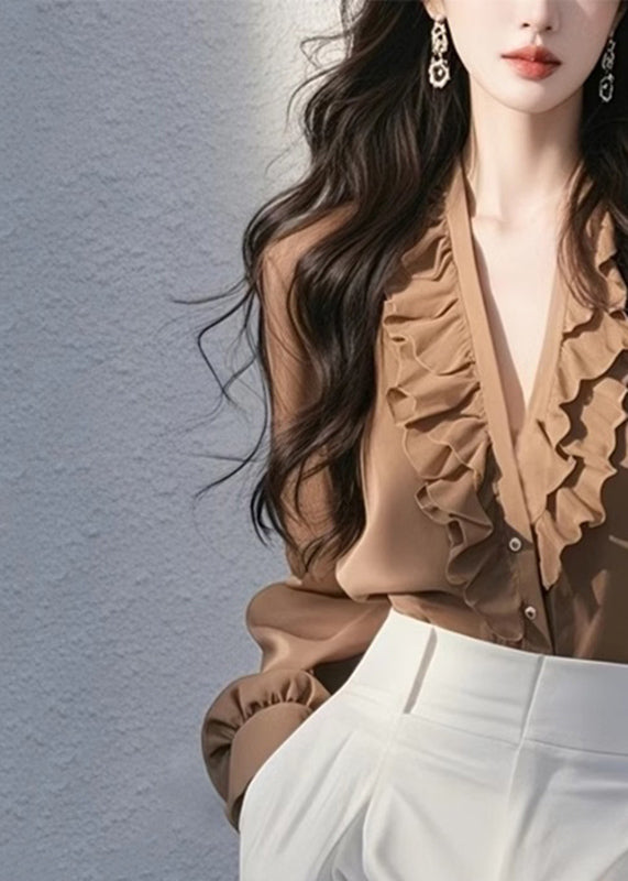 Coffee V Neck Ruffled Top Fall