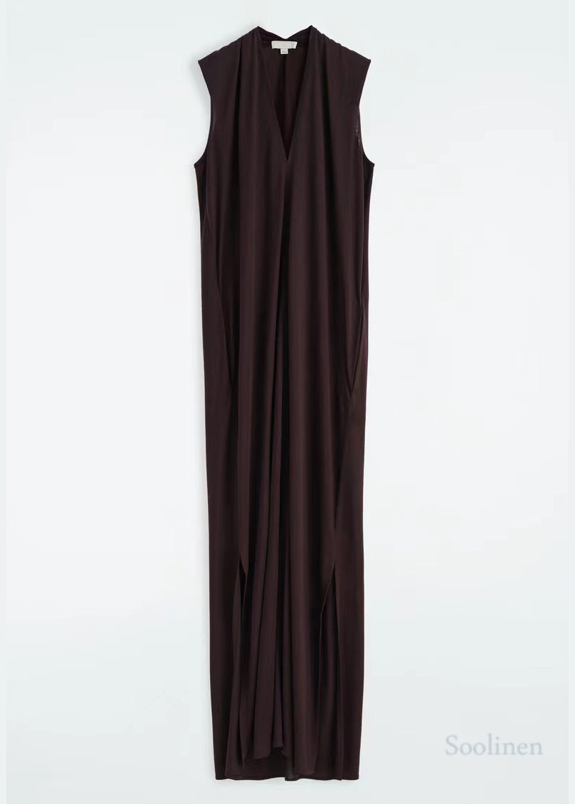 Chocolate V Neck Cotton Straight Dress Sleeveless