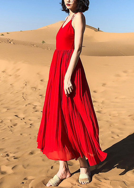 Red Wrinkled Chiffon Spaghetti Strap Dress V Neck Summer
