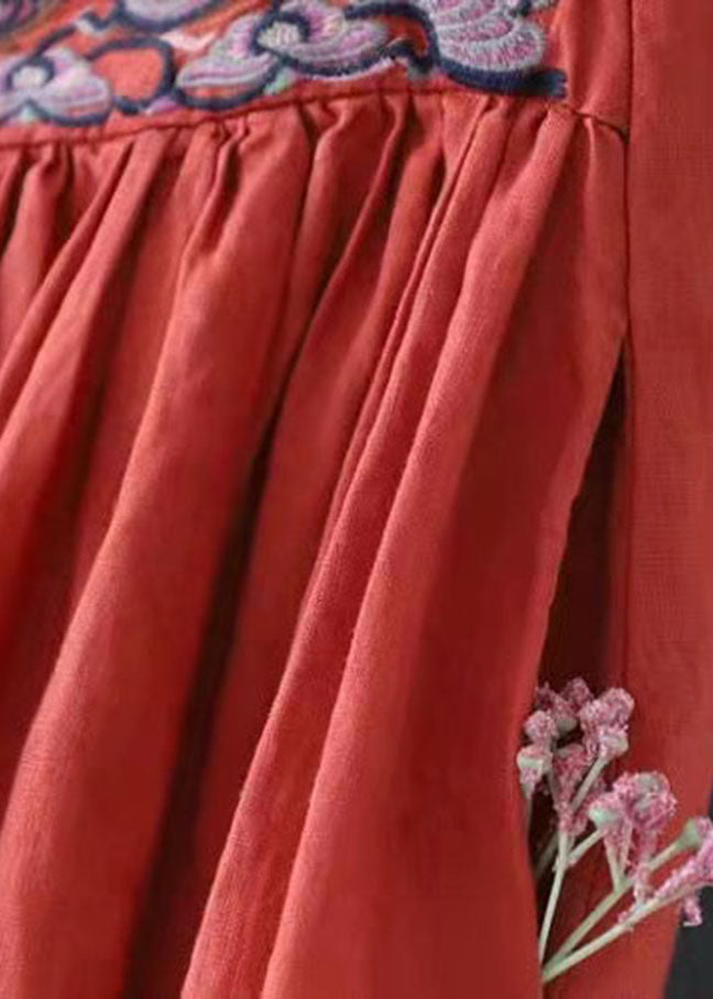 Orange Cinched Embroideried Linen Skirt Spring