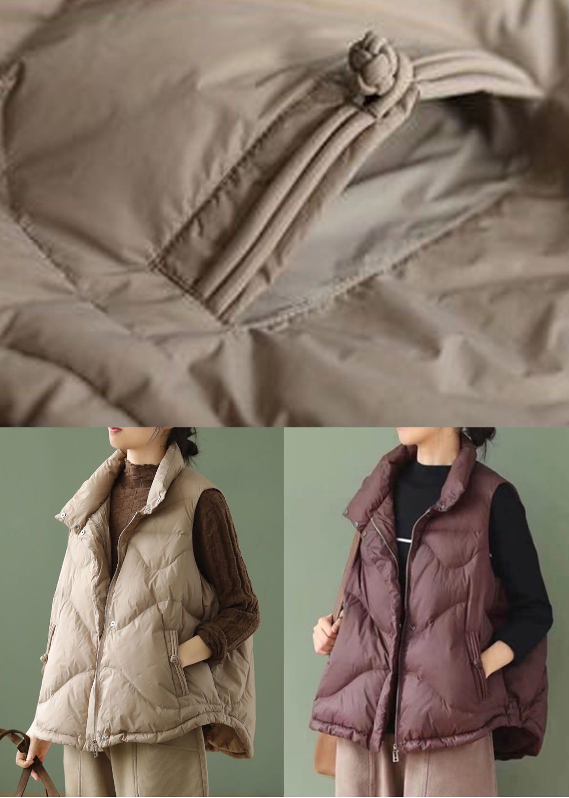 Khaki Stand Collar Oversized Duck Down Puffer Vests Winter