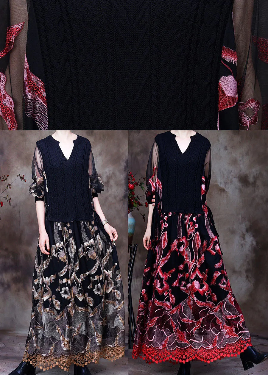 Red Lace Knit Dresses Embroideried