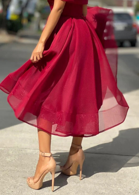 Style Red Cold Shoulder Patchwork Tulle Long Dresses Summer
