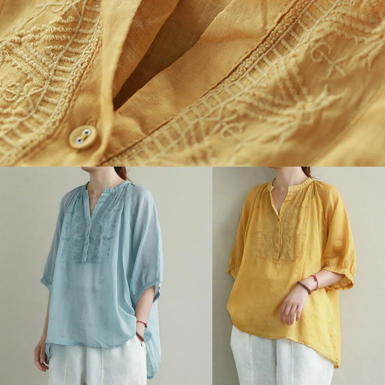 Art Yellow Embroidery Linen Tunic Top V Neck Button Down Silhouette Summer Blouses