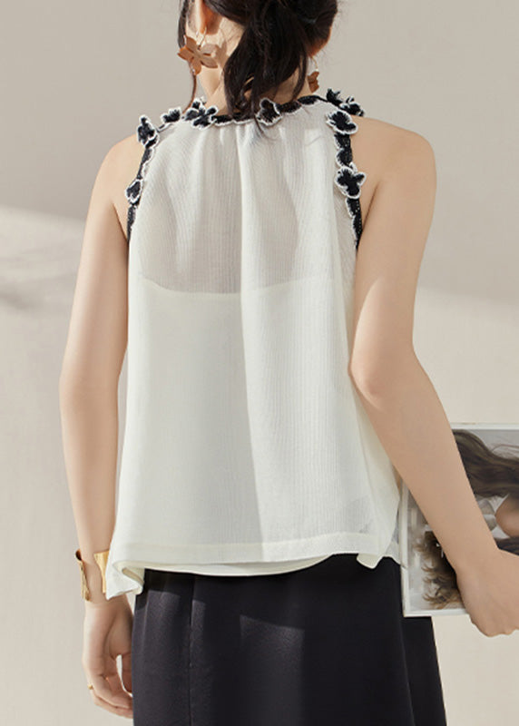 White Ruffled Patchwork Tops Sleeveless