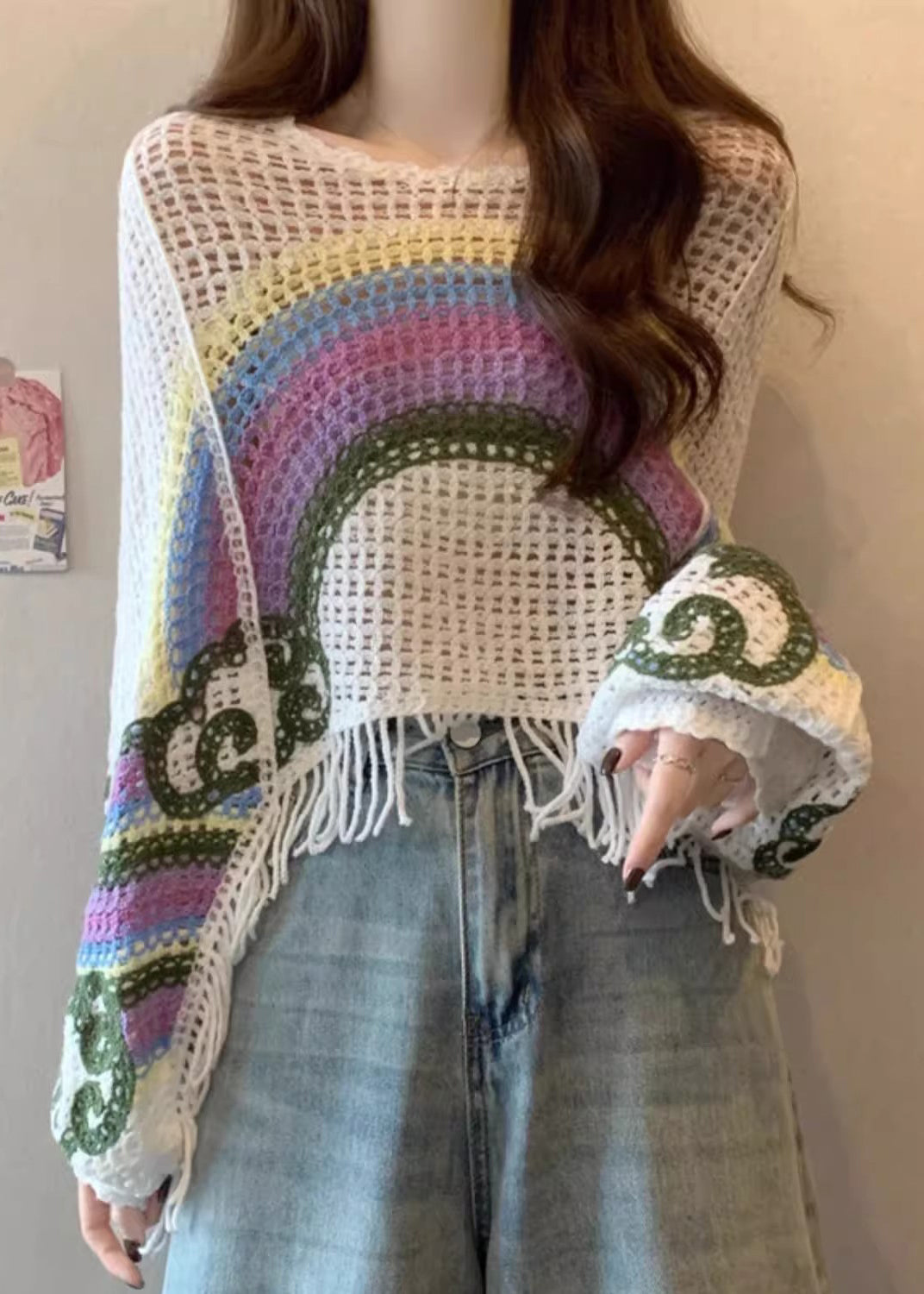 Brown O-neck Tassel Patchwork Knit Tops Fall