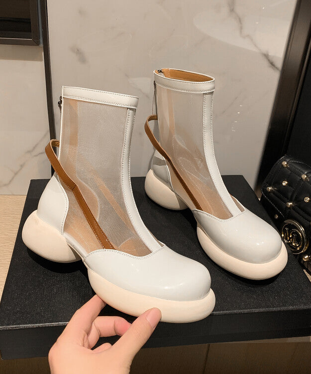 Tulle Patchwork Platform Boots Beige Cowhide Leather