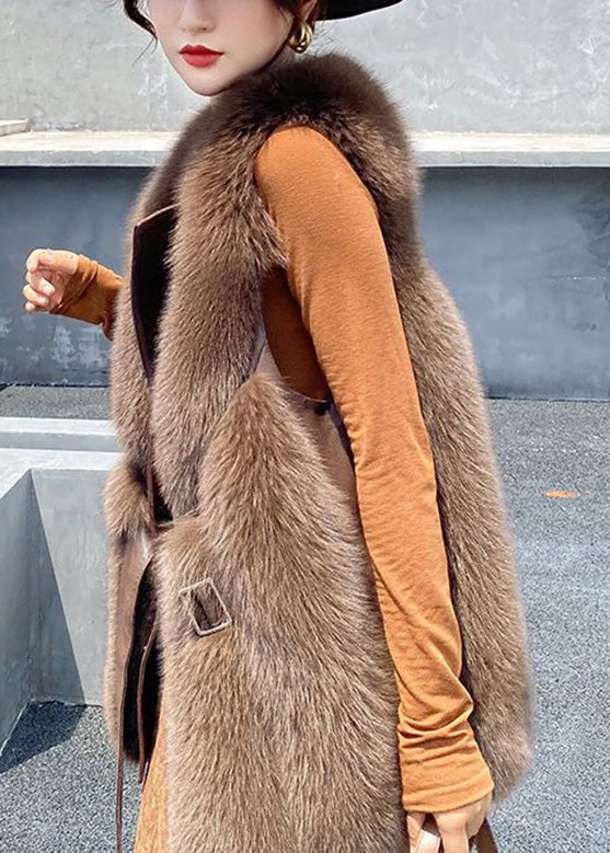 Beige Faux Fur Fox Collar Sashes Warm Leather and Fur Waistcoat Winter