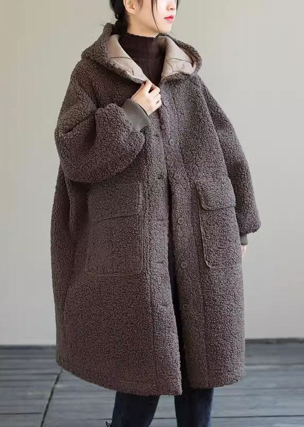 Coffee Hooded Button Faux Fur Winter Coat