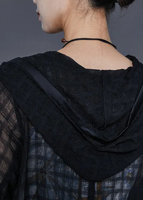 Black Hooded Plaid Tulle Cardigans Spring