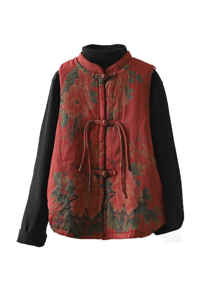 Red Tassel Print Patchwork Fine Cotton Filled Vest Winter