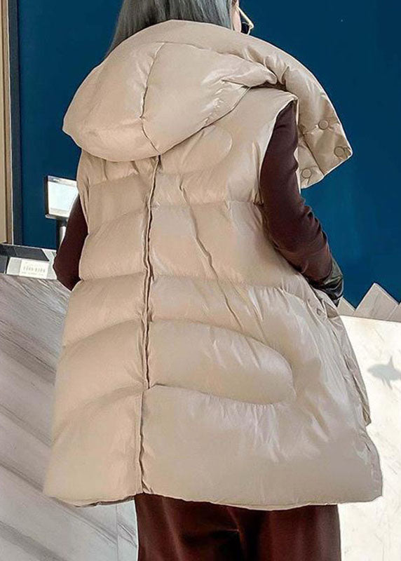 Simple Apricot Hooded Pockets Winter Sleeveless Down Vest