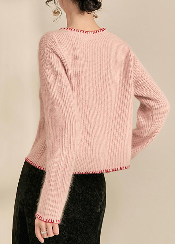 Art Pink Patchwork Button Cotton Knit Cardigan Fall