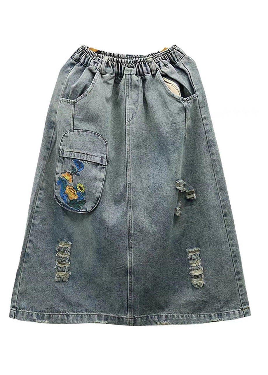 Light Blue Embroideried Patchwork Cotton Long Skirt Summer