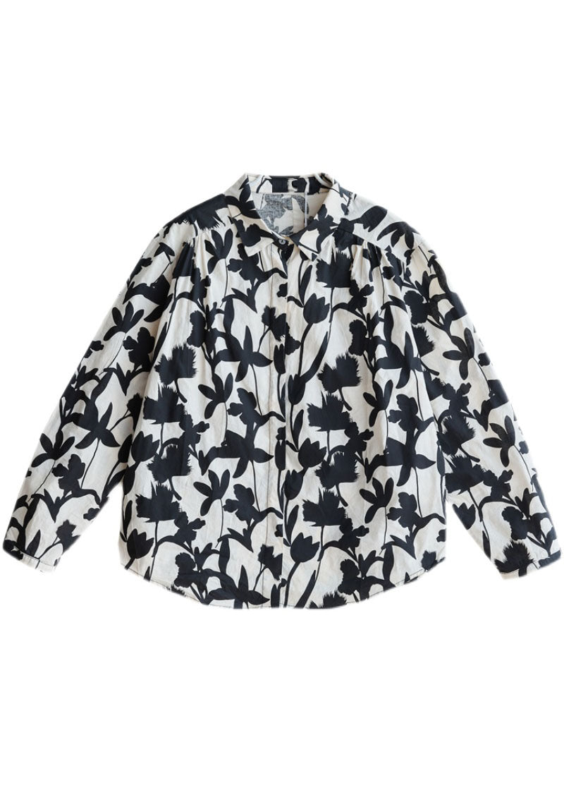 Boutique Black White Print Cotton Blouse Top Fall