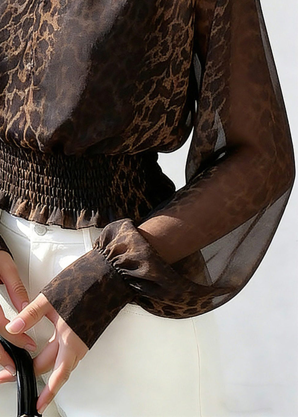 Leopard Turtleneck Hollow Out Chiffon Shirts Spring