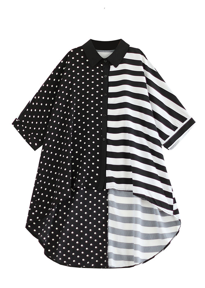 Colorblock Peter Pan Collar Low High Design Cotton Shirt Tops Summer