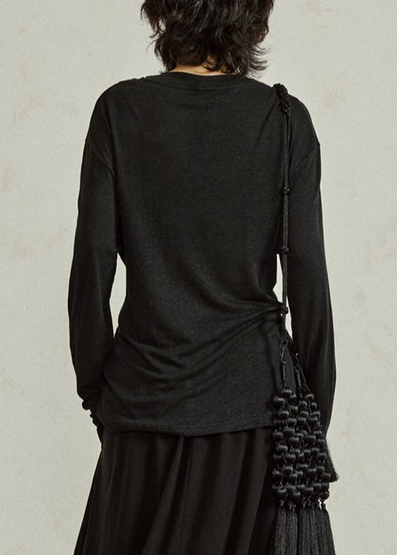 Black O-neck Tie Waist Tops Fall