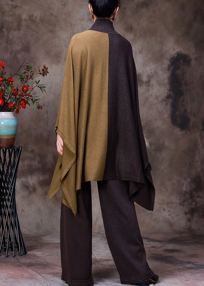 Diy Coffee Turtleneck Asymmetrical Patchwork Knit Sweaters and Wide Leg Pants Two Pieces Set Fall