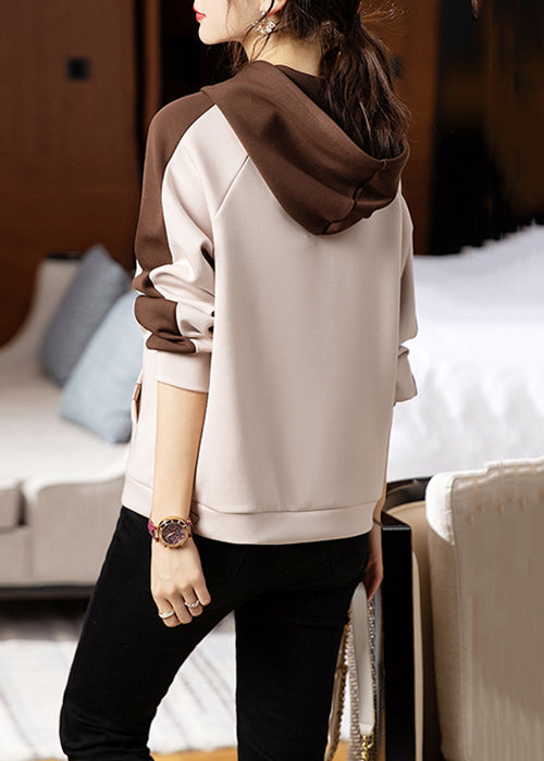 Apricot Hooded Pockets Patchwork Cotton Sweatshirt Fall