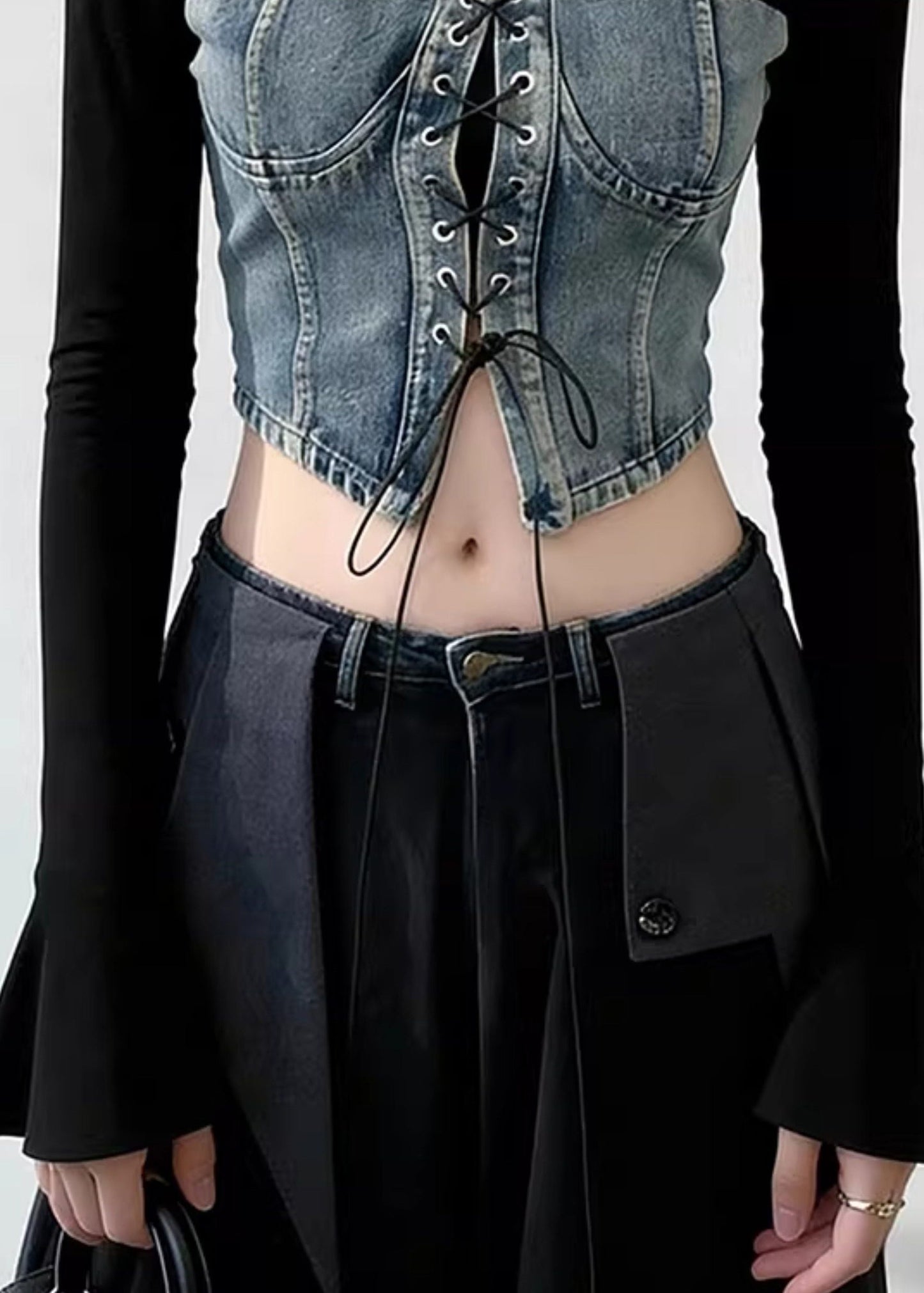 Blue Lace Up Patchwork Denim T Shirts Flare Sleeve