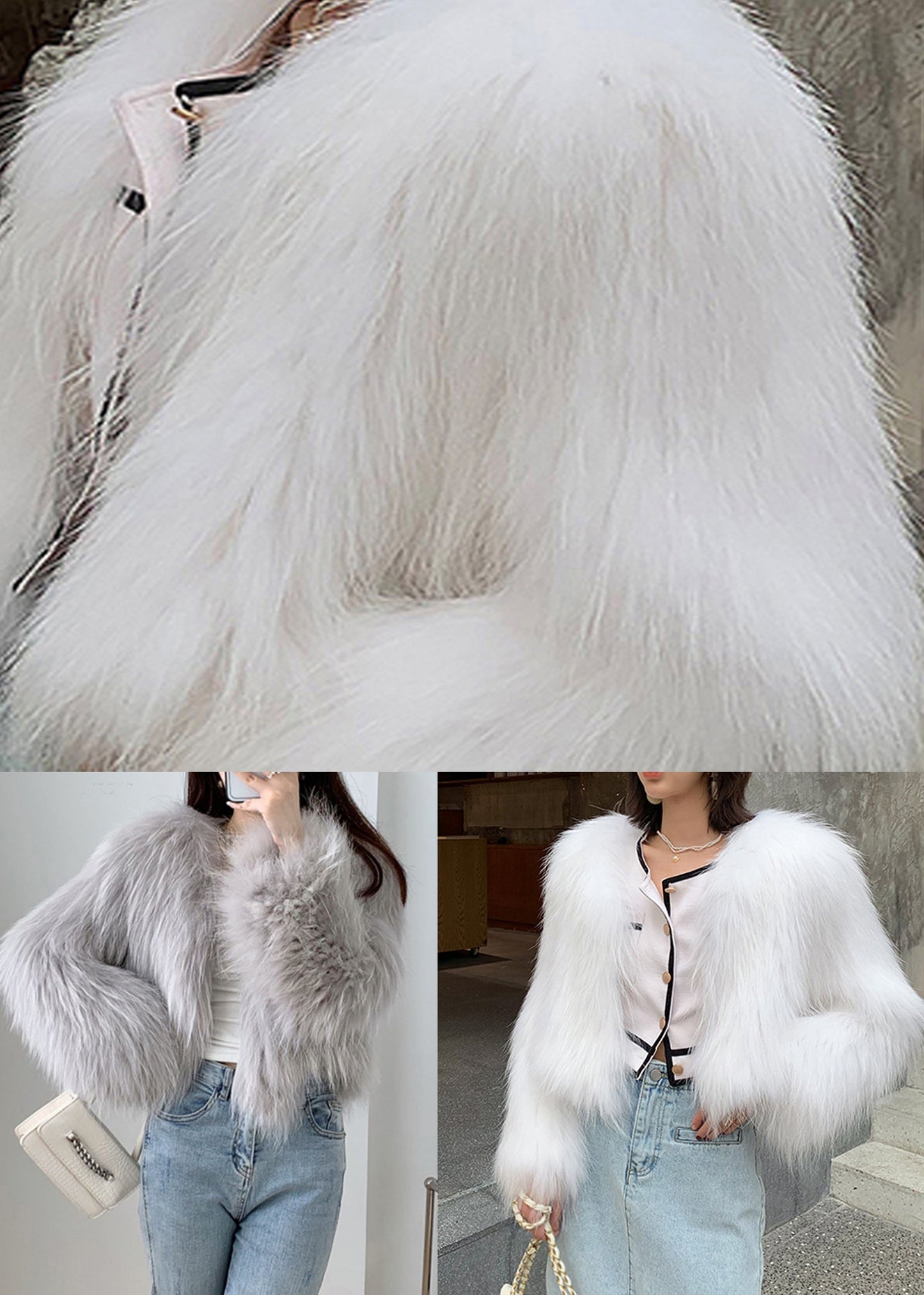 White V Neck Patchwork Faux Fur Coat Winter