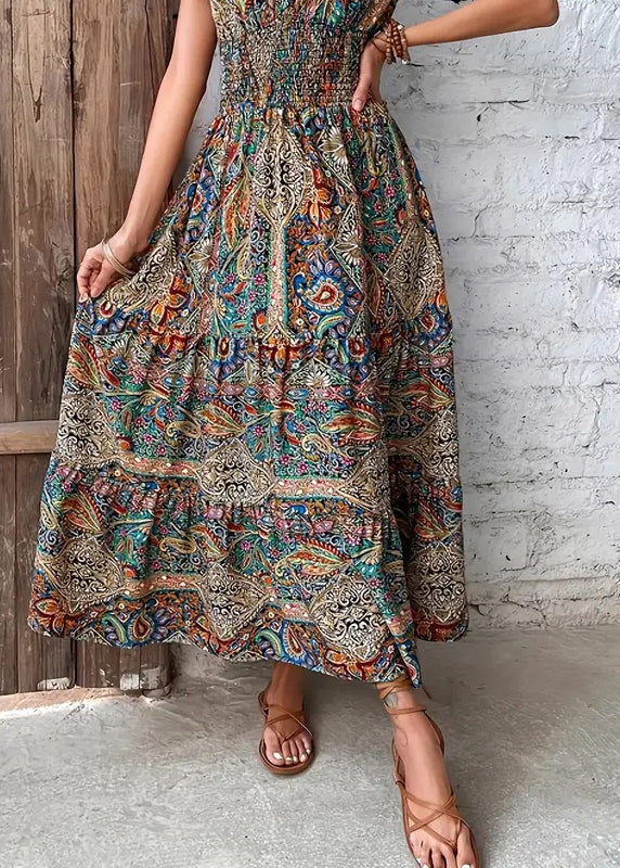 Loose V Neck Print Cotton Long Dress Summer