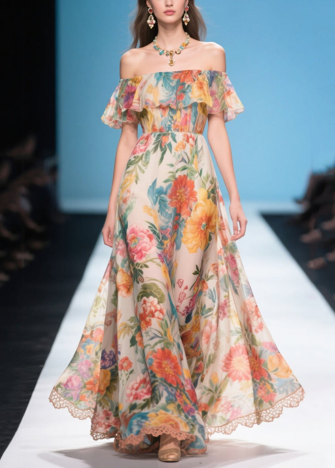 Khaki Cold Shoulder Print Chiffon Long Dress Summer