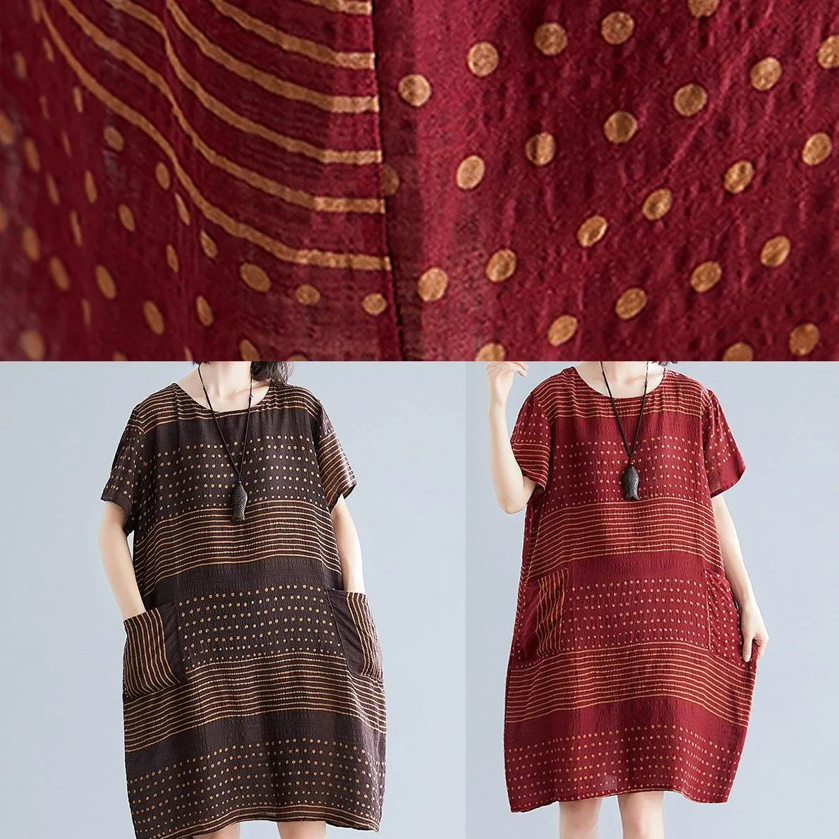 Chocolate Dotted Cotton Tunic Top O Neck Pockets Short Dress