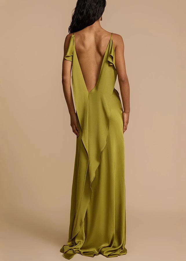 Green Backless Side Open Silk Cami Dress Summer