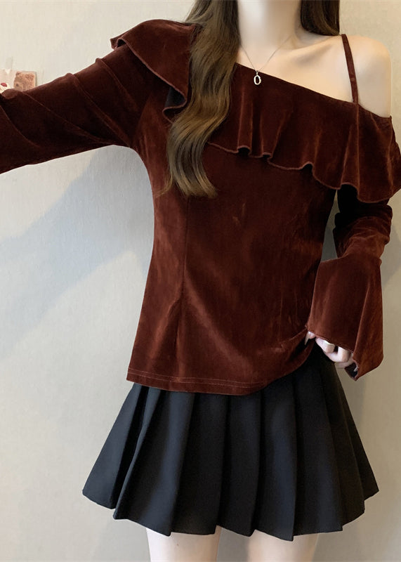 Mulberry One Shoulder Ruffles Silk Velour Top Fall