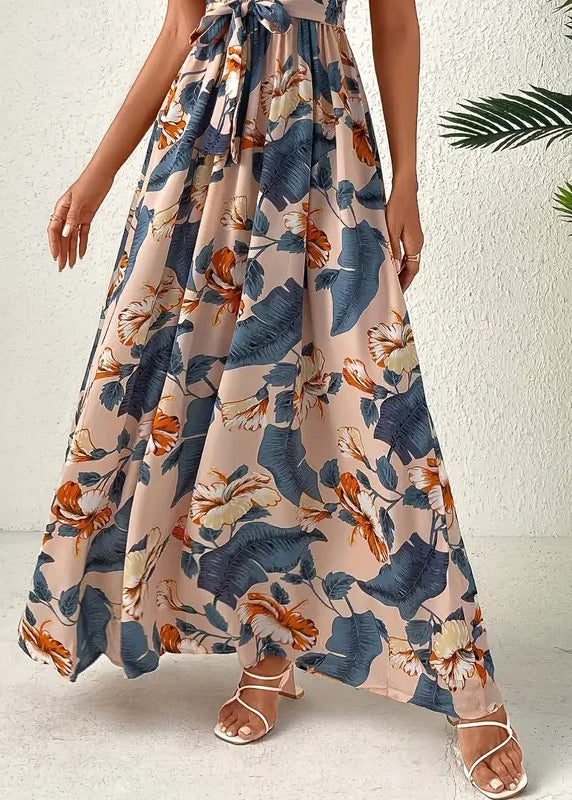 Blue Cold Shoulder Print Lace Up Cotton Dress Sleeveless