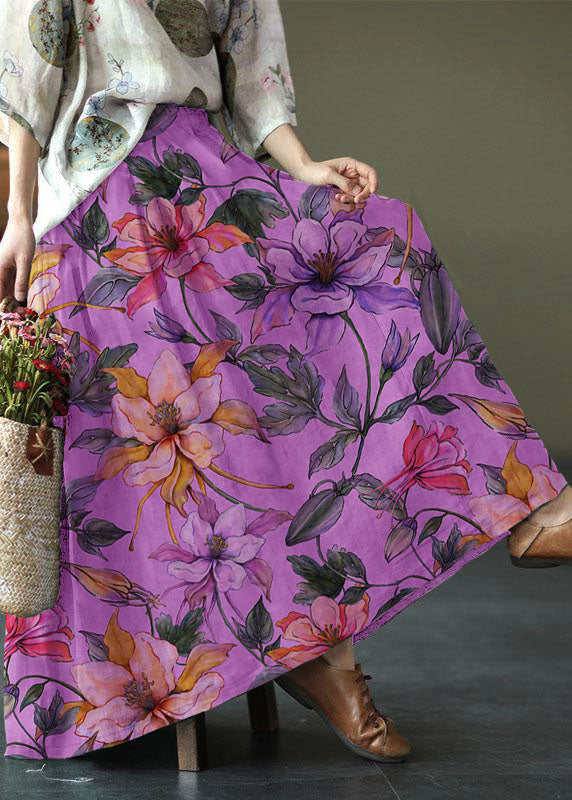 Green Texture Print Ramie Elastic Waist Skirt