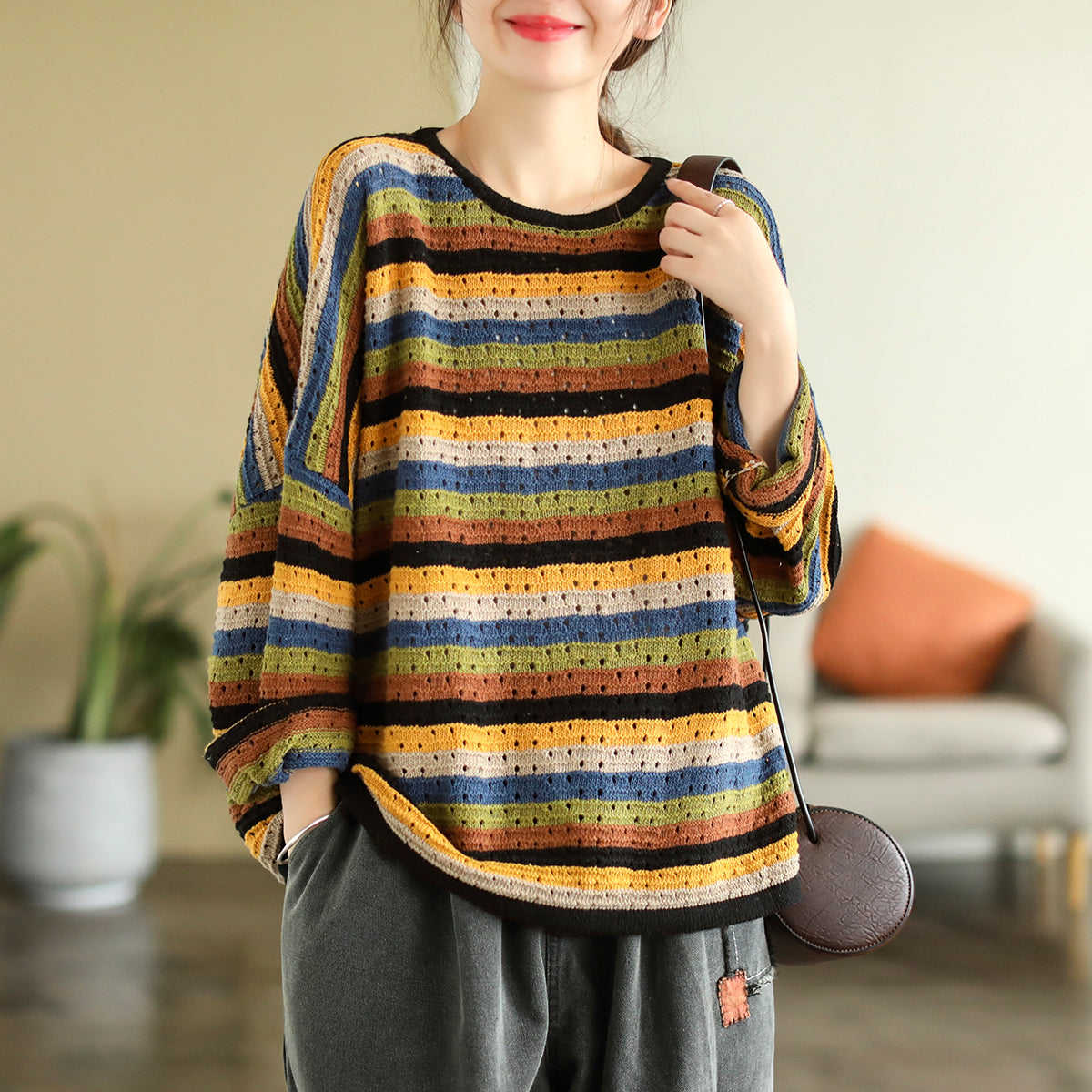 Autumn Color Matching Stripe Knitted Sweater