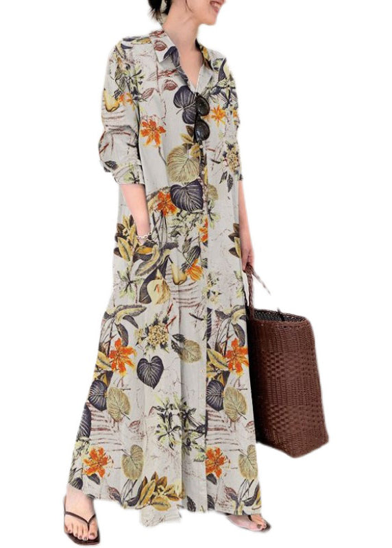 Beige Oversized Print Cotton Shirt Ankle Dress Spring
