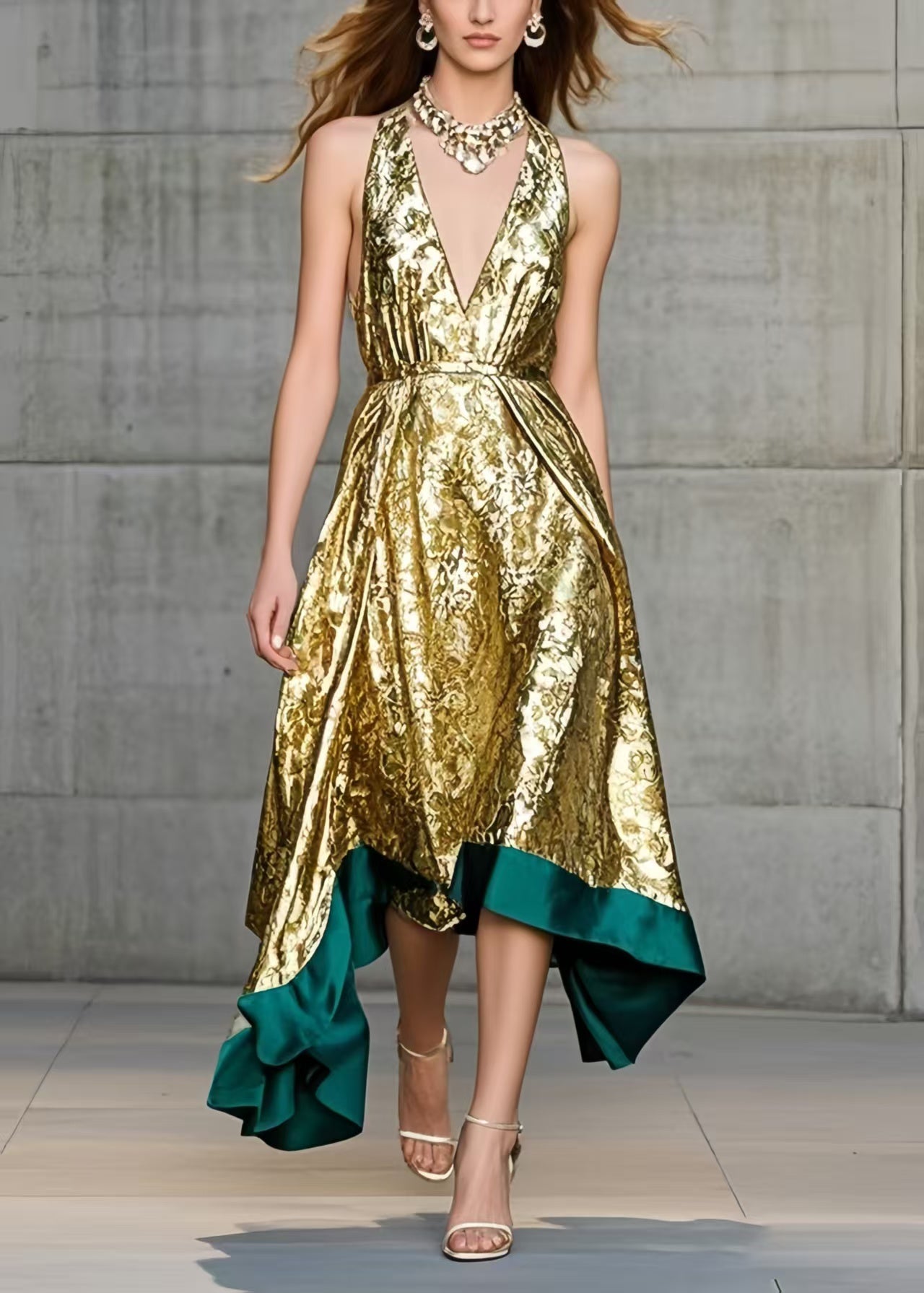 Golden Jacquard Exra Large Hem Halter Dress Summer