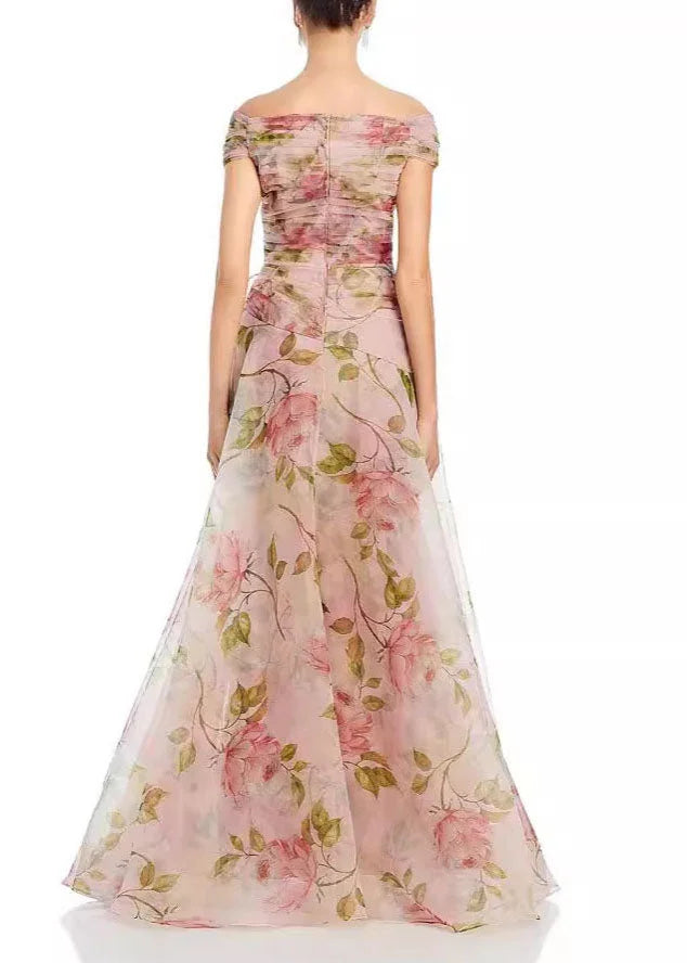 Wedding Pink Ruffled Print Organza Long Dress Summer