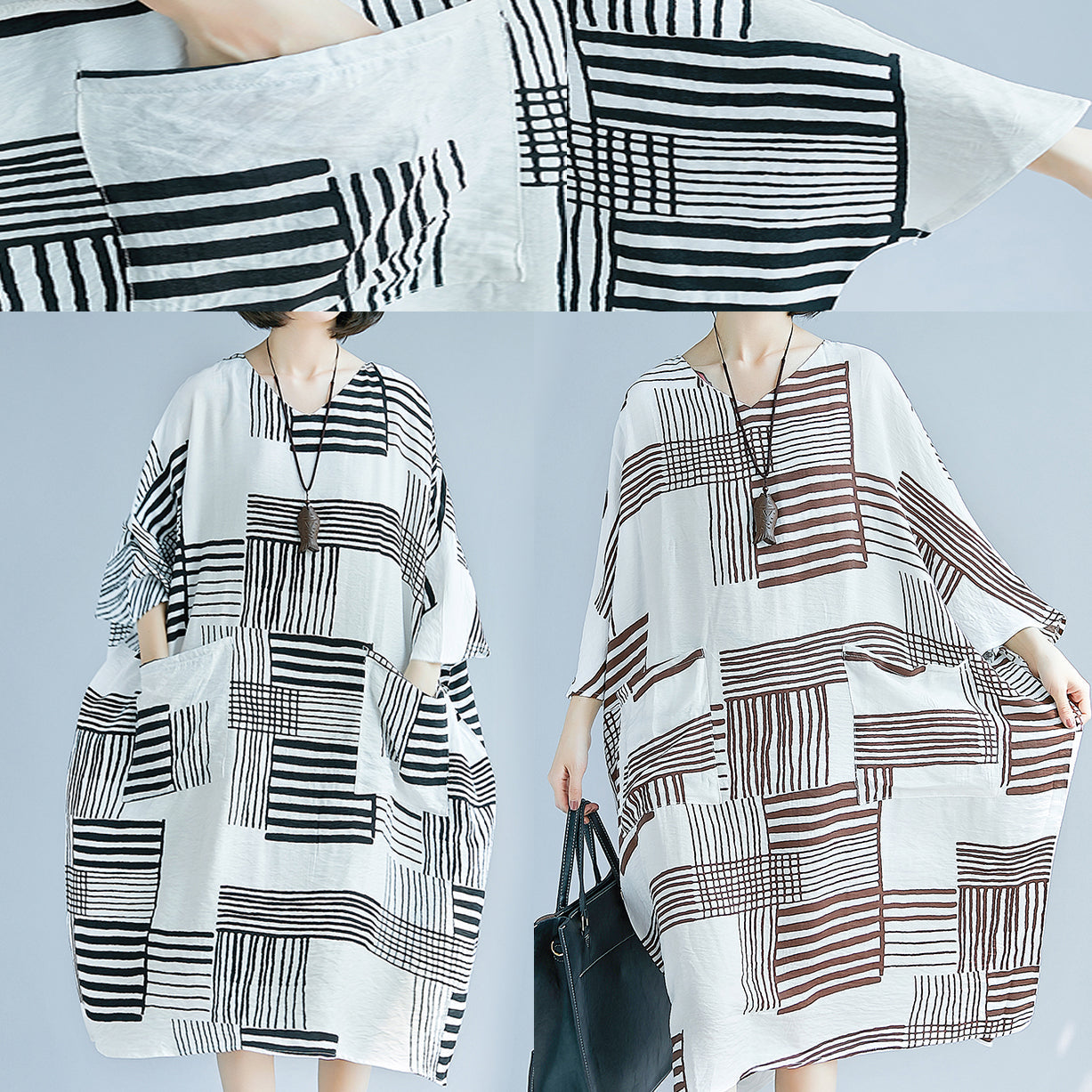 Italian O Neck Pockets Chiffon Quilting Clothes Runway Brown Oversized Dress Summer