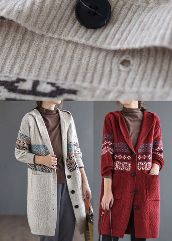 Red Pocket Print Knitted Coats Cardigans Hooded Long Sleeve