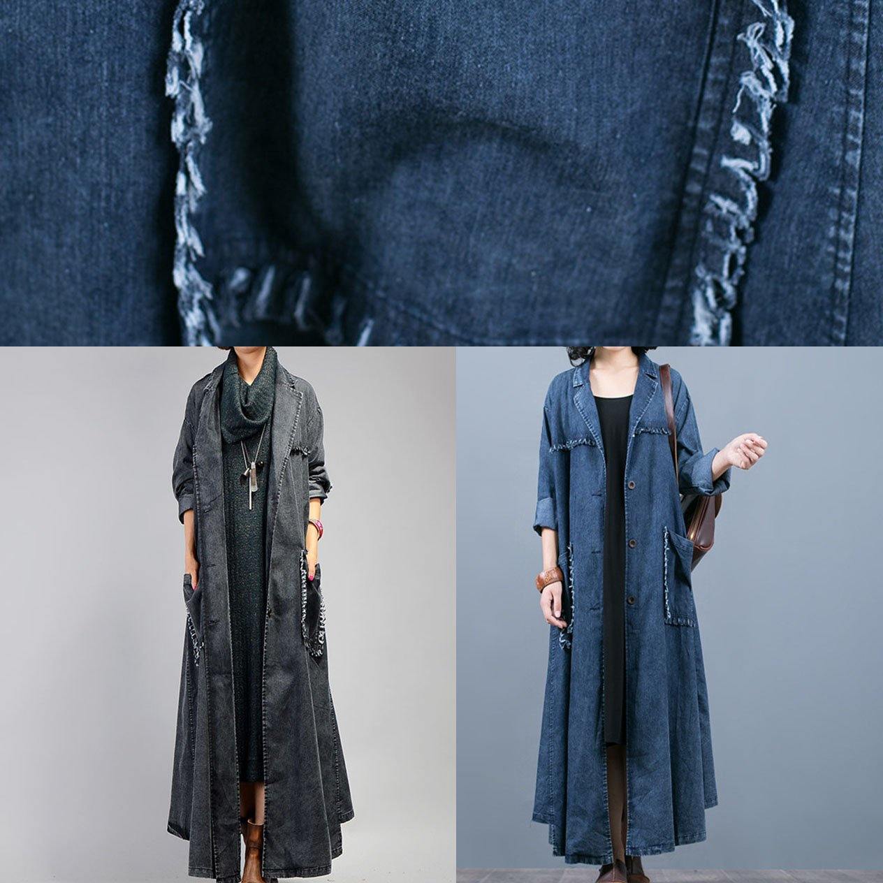 Denim Blue Coat Oversize Fall Coat Notched Large Pockets Coats