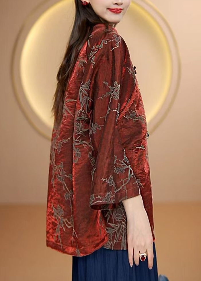 Red O Neck Oriental Button Jacquard Silk Top Fall