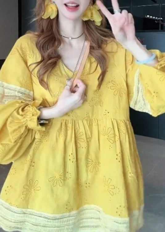 Yellow V Neck Patchwork Cotton Blouse Tops Lantern Sleeve