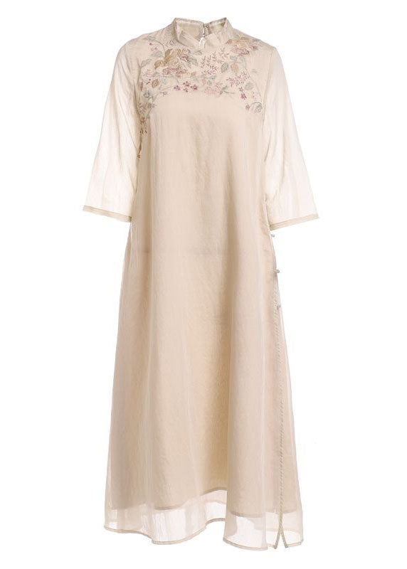 Chinese Style Apricot Stand Collar Embroidered Patchwork Silk Dress Summer