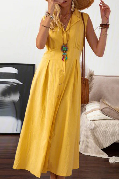 Lapel Button Sleeveless Midi Dress