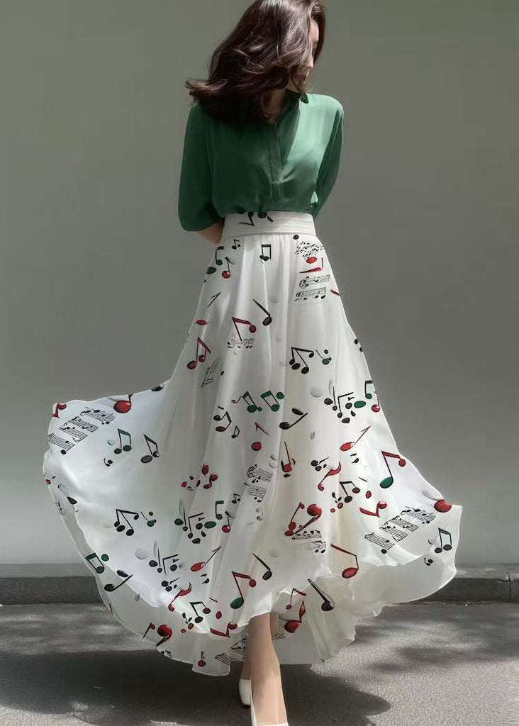 White Musical Note Print Chiffon Skirts Holiday Summer