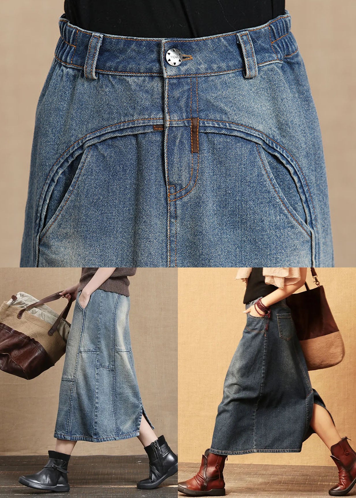 Dark Blue Patchwork Cotton Denim Skirt High Waist Side Open Cozy