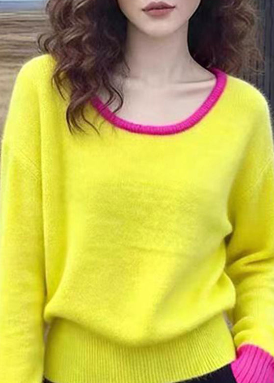 Yellow O-neck Patchwork Cotton Knit Sweater Spring