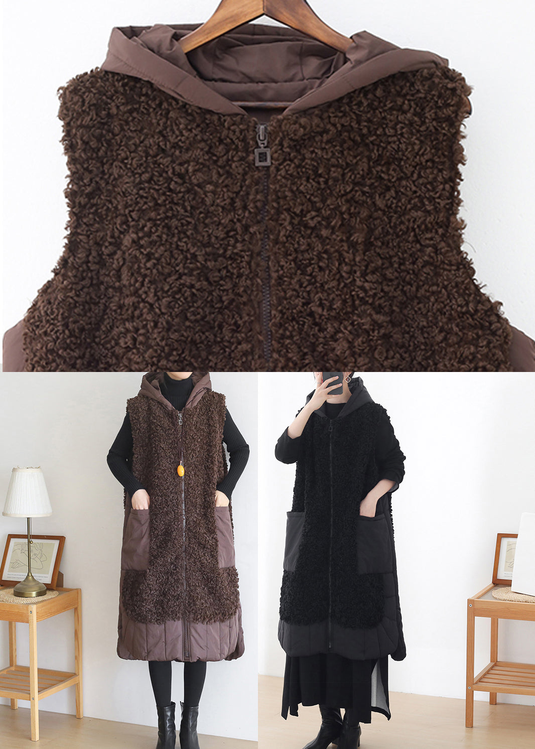Coffee Colour Zippered Pockets Woolen Cotton Hooded Waistcoat Sleeveless