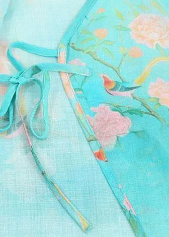 Simple Green Print Linen Clothes V Neck Summer Blouses